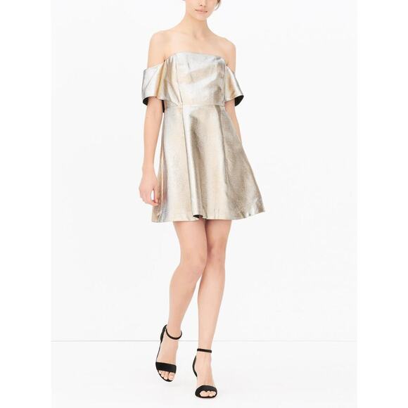 Sandro Metallic Off-the-Shoulder A-line Mini Dress - Gold - Picture 1 of 13